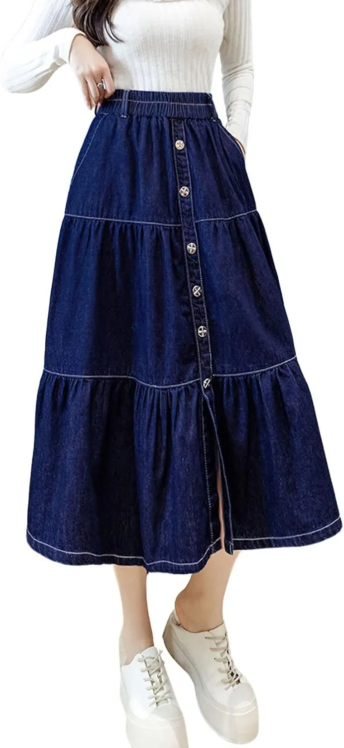 chouyatou Women's Elastic Waist Button Up Long Denim Skirt A-Line Tiered Jean Midi Skirt with Pockets