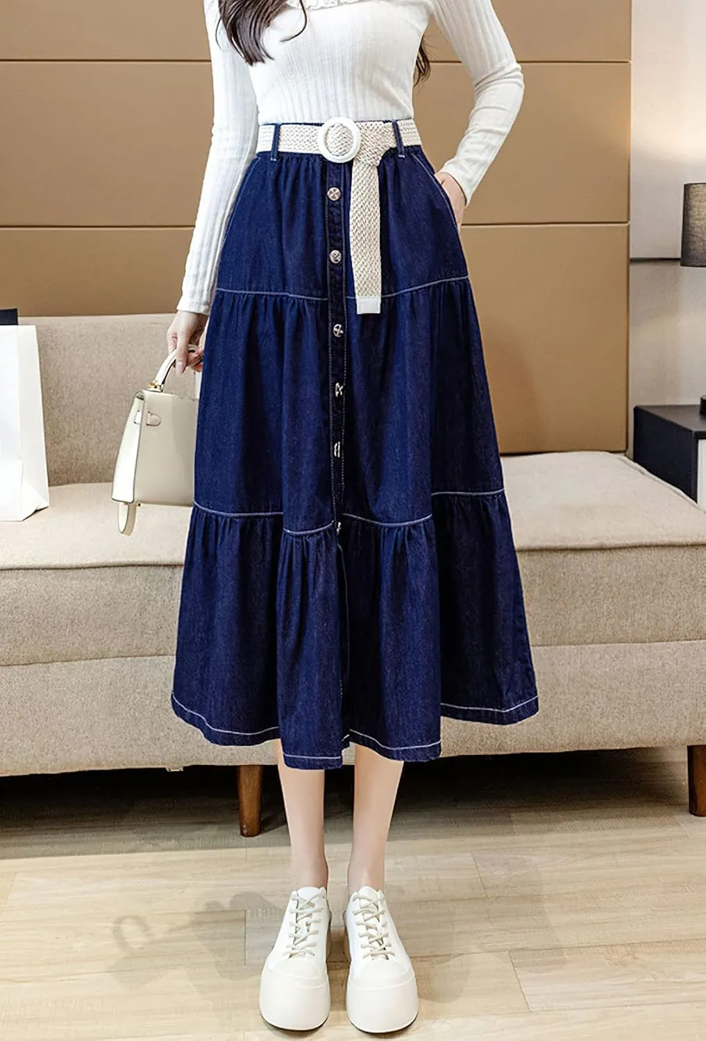 chouyatou Women's Elastic Waist Button Up Long Denim Skirt A-Line Tiered Jean Midi Skirt with Pockets