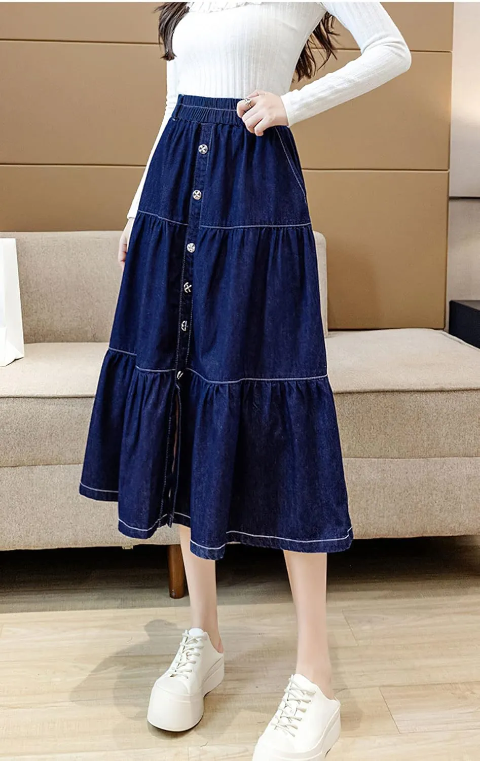 chouyatou Women's Elastic Waist Button Up Long Denim Skirt A-Line Tiered Jean Midi Skirt with Pockets