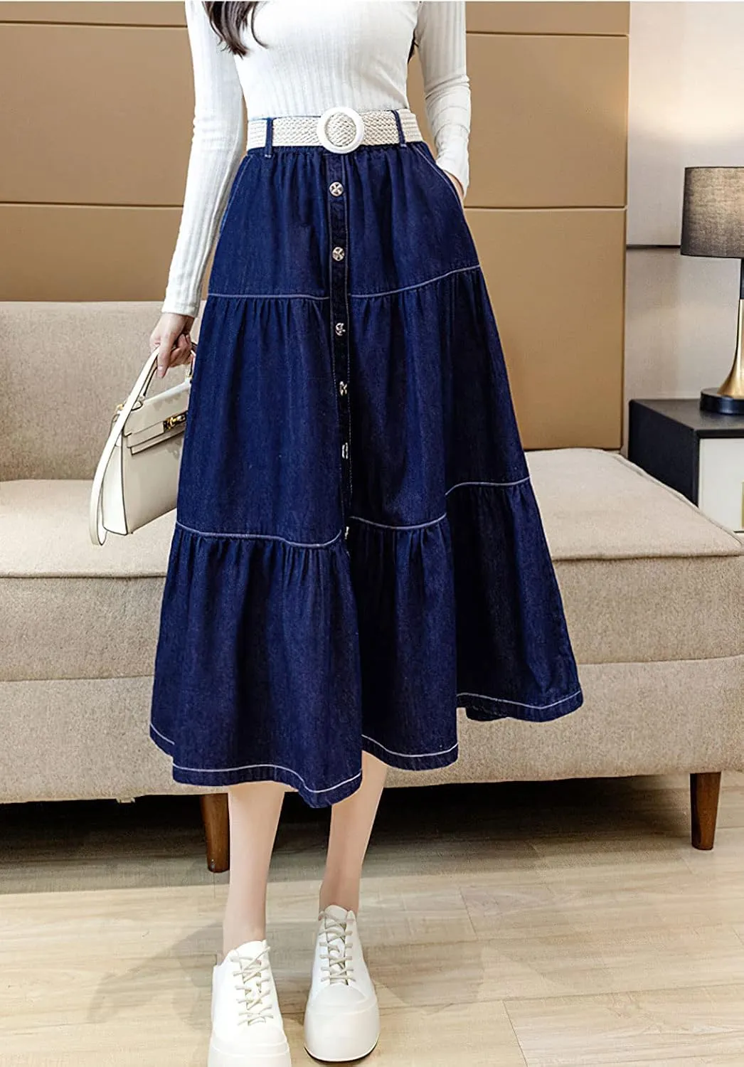 chouyatou Women's Elastic Waist Button Up Long Denim Skirt A-Line Tiered Jean Midi Skirt with Pockets