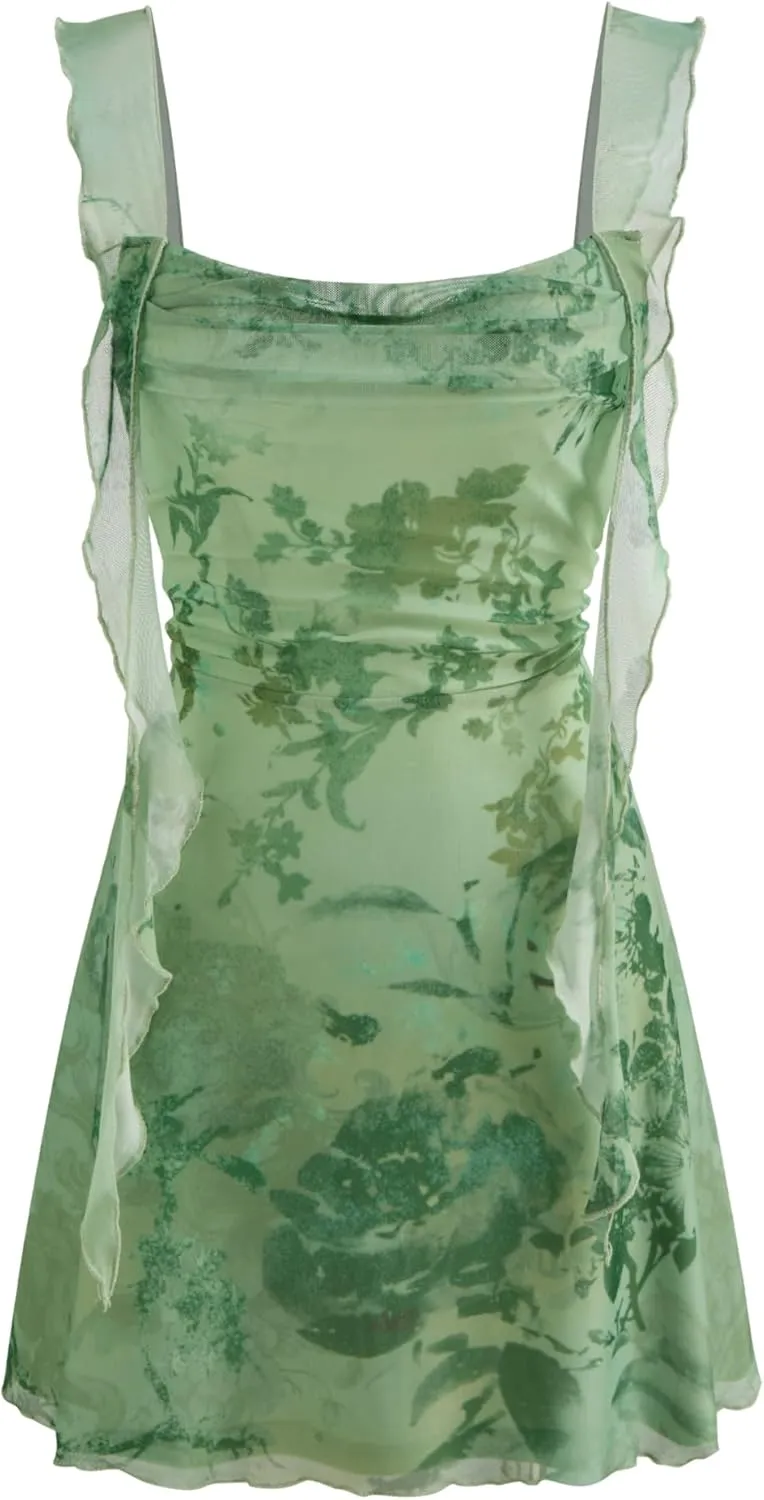 CIDER Mini Dress Floral Ruffle Hem Ruched Cowl Neck Sleeveless Beach Vacation Party Club Midi Waist Elegant Dress