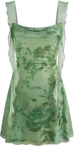 CIDER Mini Dress Floral Ruffle Hem Ruched Cowl Neck Sleeveless Beach Vacation Party Club Midi Waist Elegant Dress