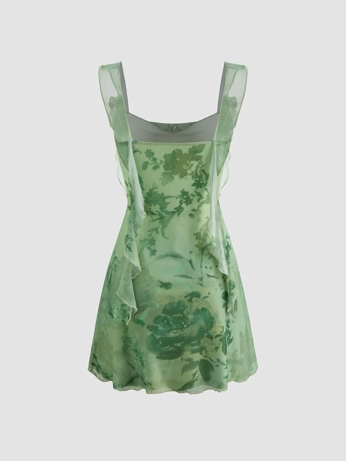 CIDER Mini Dress Floral Ruffle Hem Ruched Cowl Neck Sleeveless Beach Vacation Party Club Midi Waist Elegant Dress
