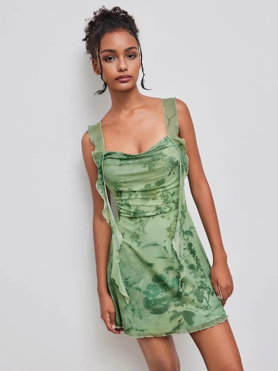 CIDER Mini Dress Floral Ruffle Hem Ruched Cowl Neck Sleeveless Beach Vacation Party Club Midi Waist Elegant Dress