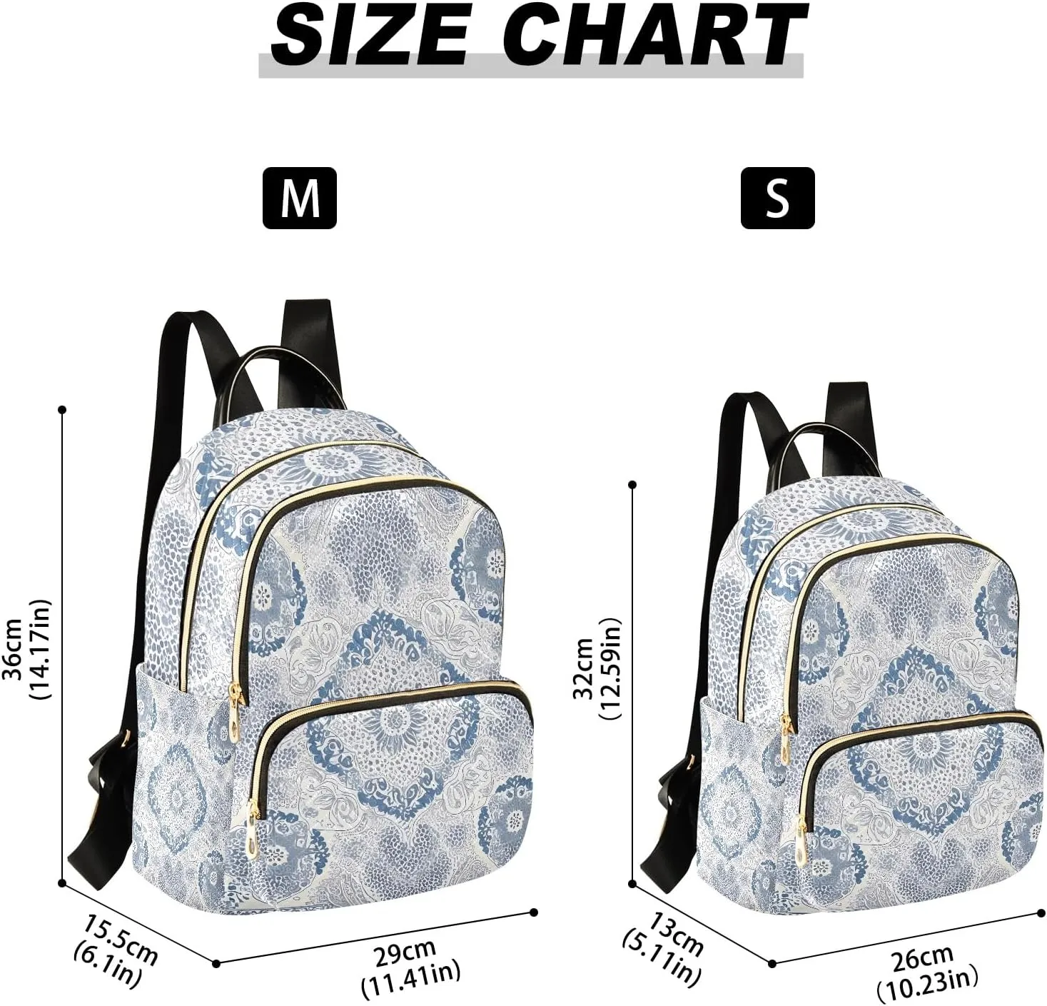 Classic Ornamental Bluewhite Campus Backpack Purse Bookbag Quilted Backpack for Women 13" Laptop Backpack Stylish Printed Rucksack with Multiple Pockets Lightweight Travel