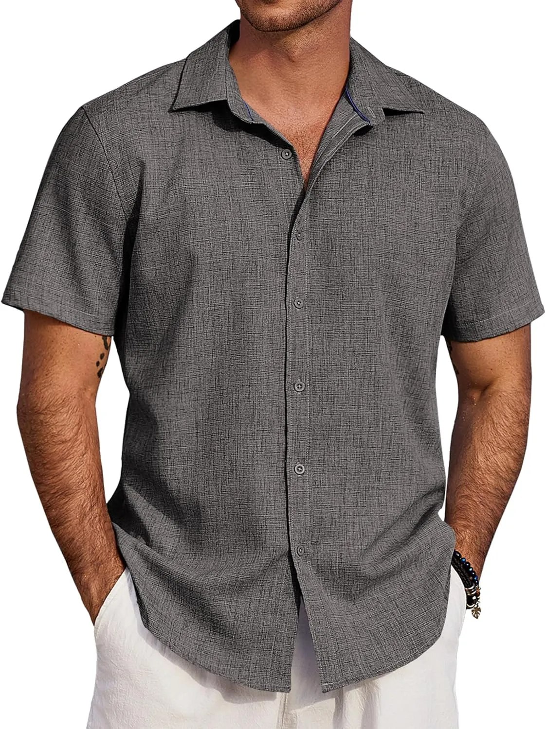 COOFANDY Men's Beach Summer Shirts Linen Texture Shirts Short Sleeve Casual Button Down Shirt