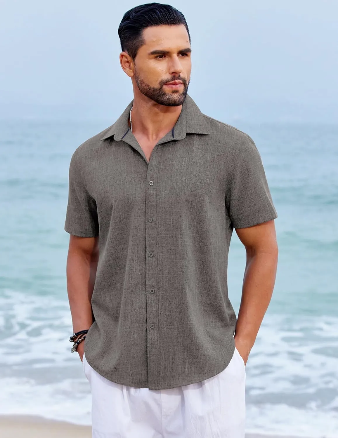 COOFANDY Men's Beach Summer Shirts Linen Texture Shirts Short Sleeve Casual Button Down Shirt