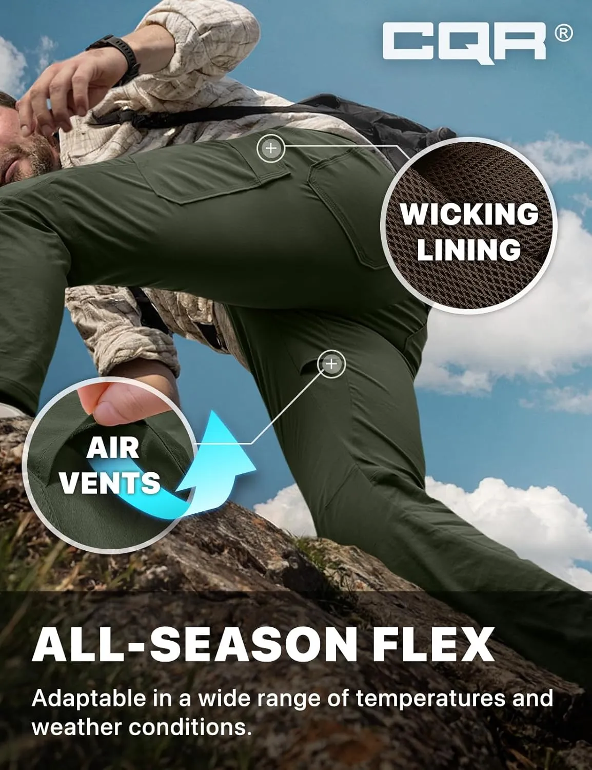 CQR Men's Cool Flex Tactical Pants, Water Resistant Lightweight Stretch Cargo Work Hiking Pants