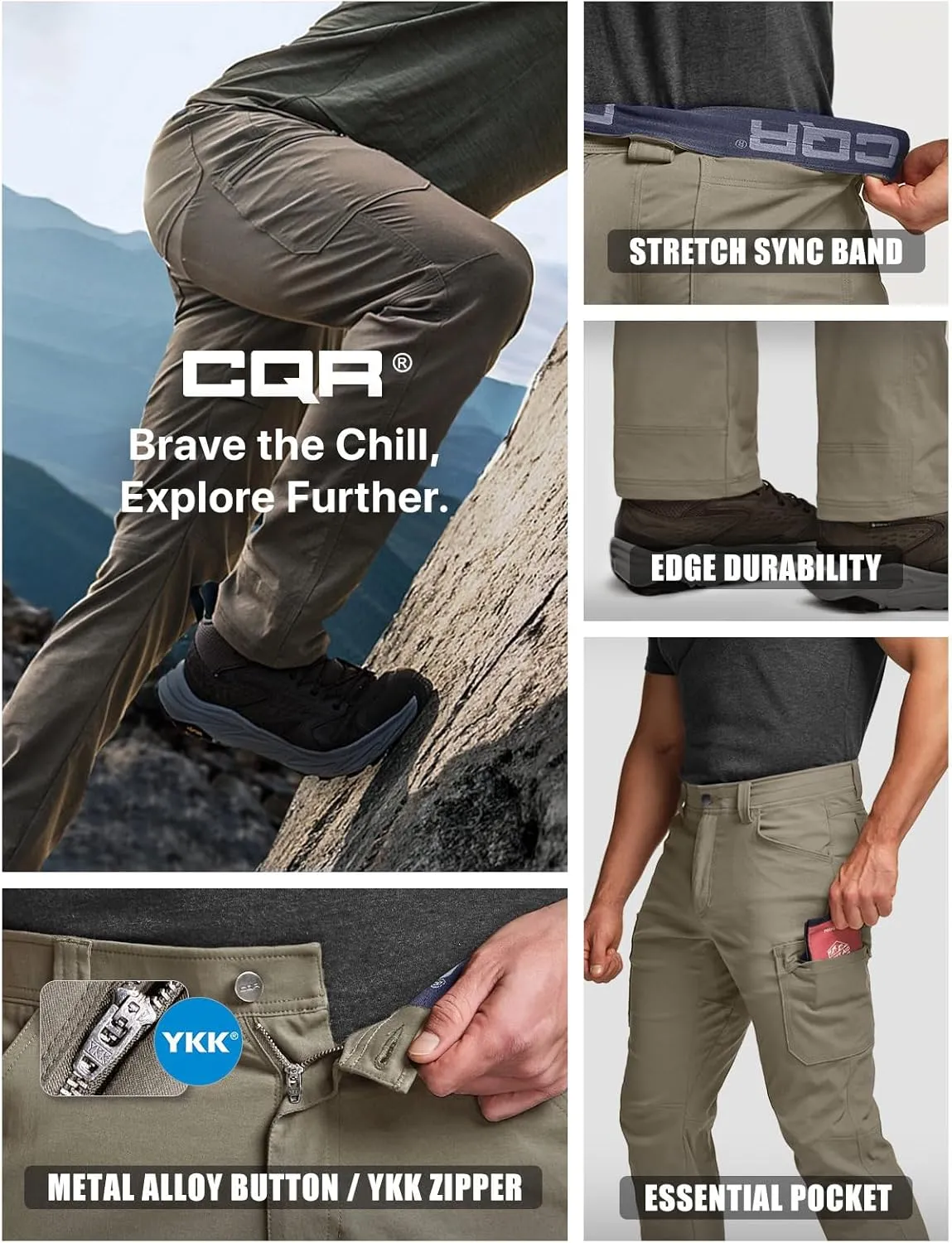 CQR Men's Cool Flex Tactical Pants, Water Resistant Lightweight Stretch Cargo Work Hiking Pants