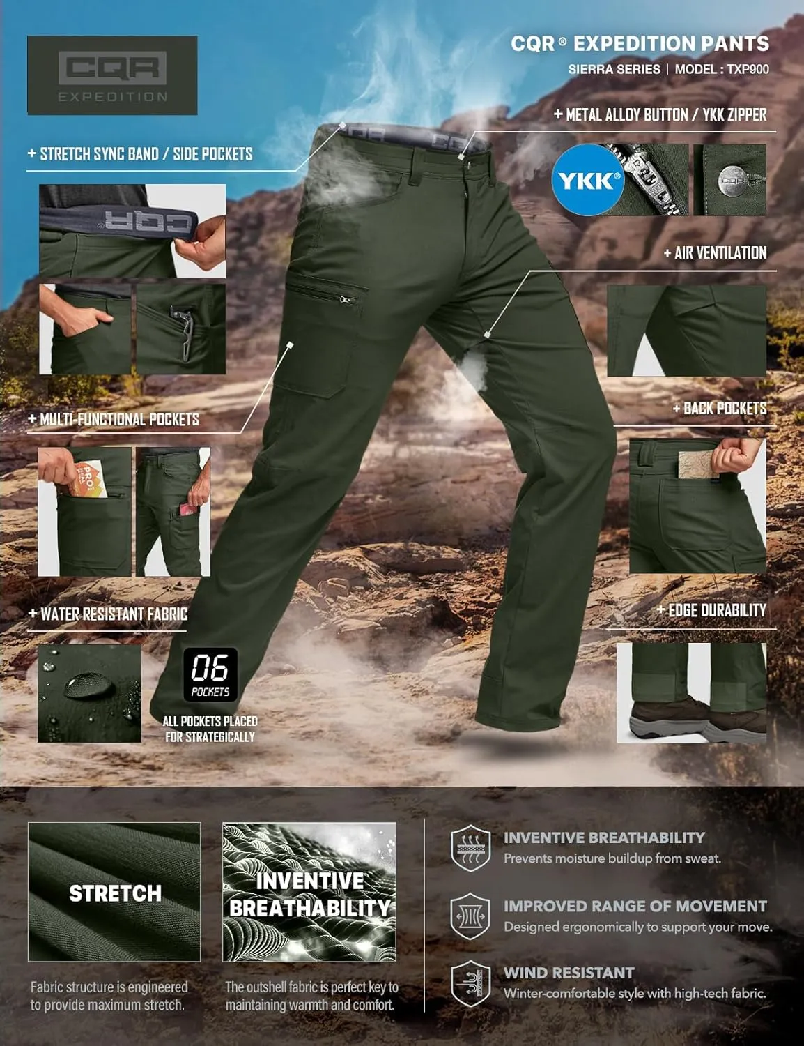 CQR Men's Cool Flex Tactical Pants, Water Resistant Lightweight Stretch Cargo Work Hiking Pants