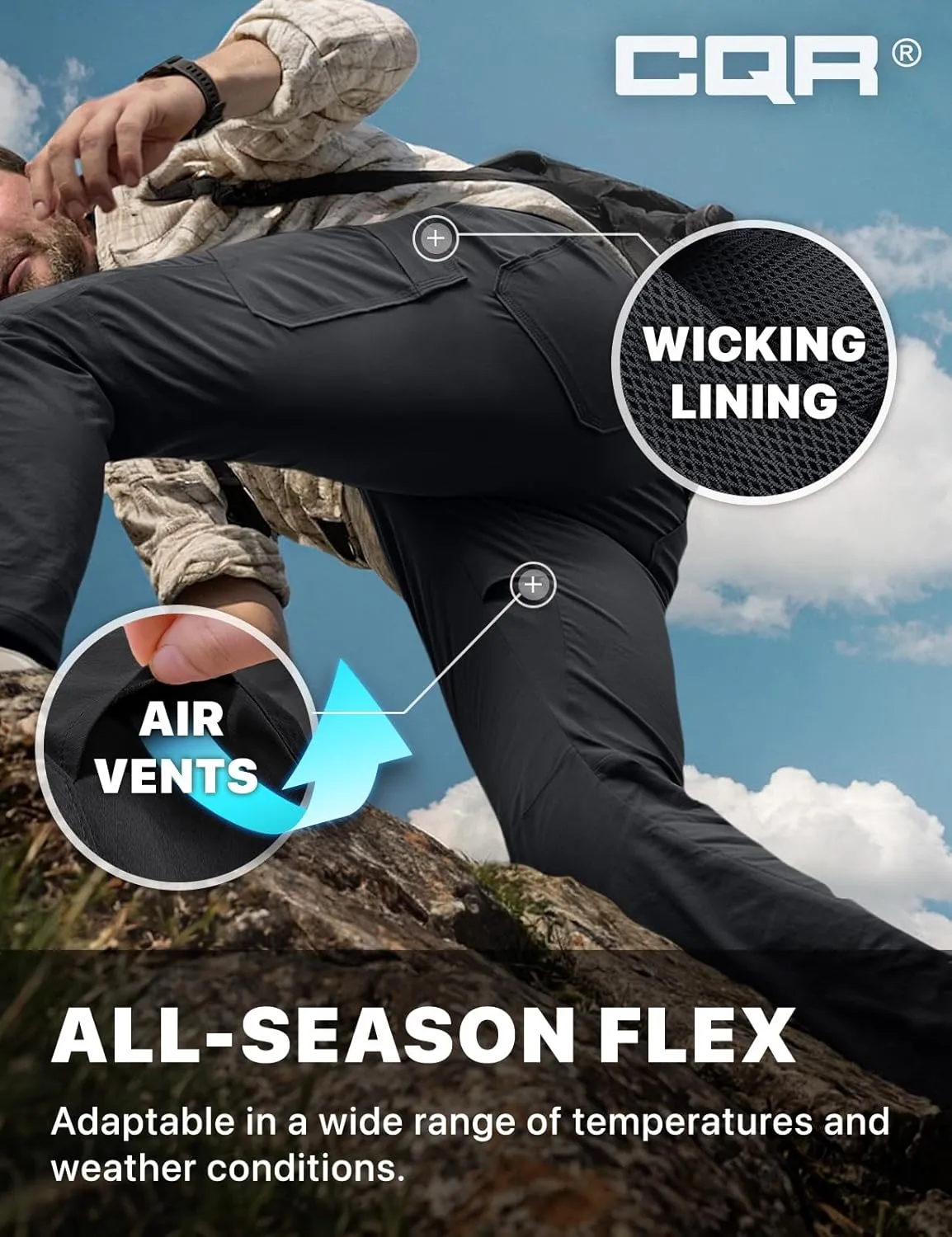 CQR Men's Cool Flex Tactical Pants, Water Resistant Lightweight Stretch Cargo Work Hiking Pants
