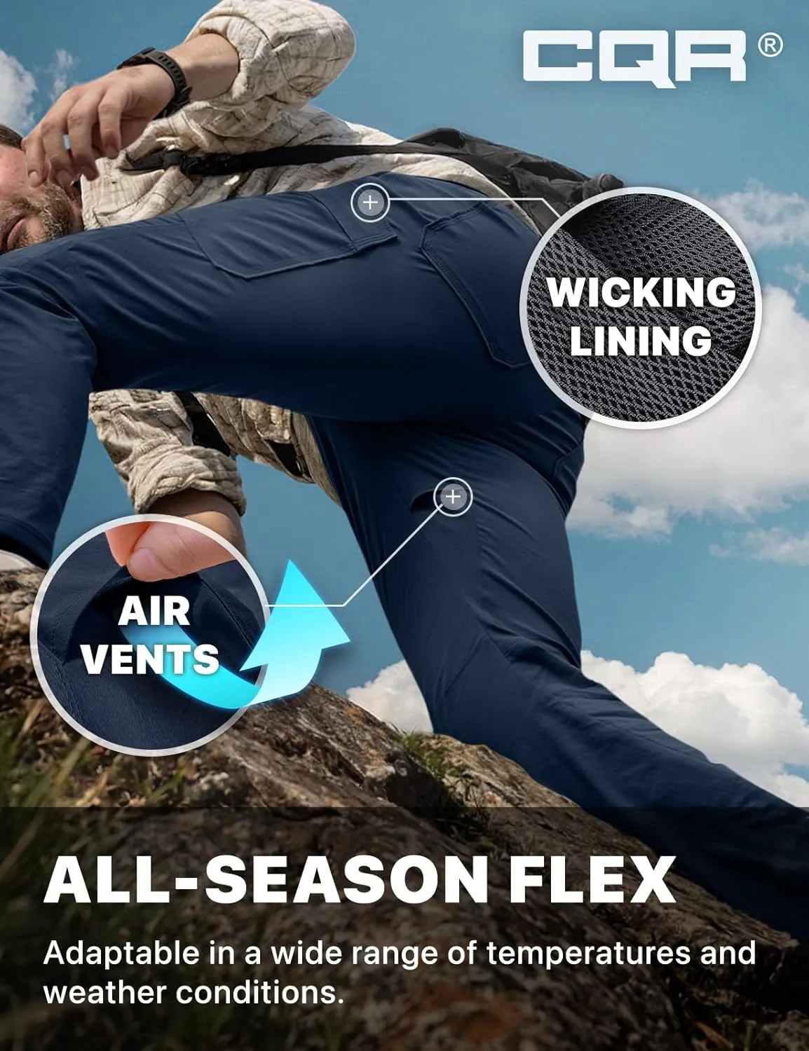 CQR Men's Cool Flex Tactical Pants, Water Resistant Lightweight Stretch Cargo Work Hiking Pants