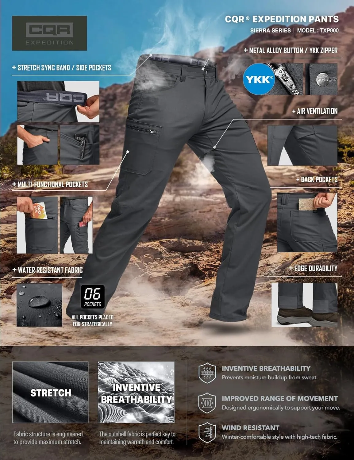 CQR Men's Cool Flex Tactical Pants, Water Resistant Lightweight Stretch Cargo Work Hiking Pants