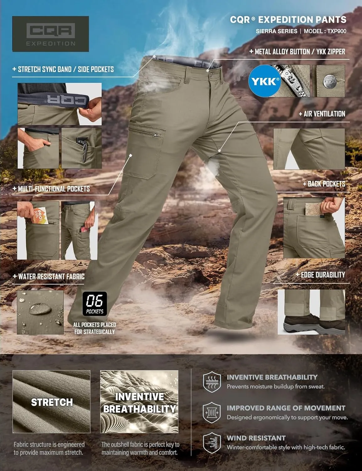 CQR Men's Cool Flex Tactical Pants, Water Resistant Lightweight Stretch Cargo Work Hiking Pants