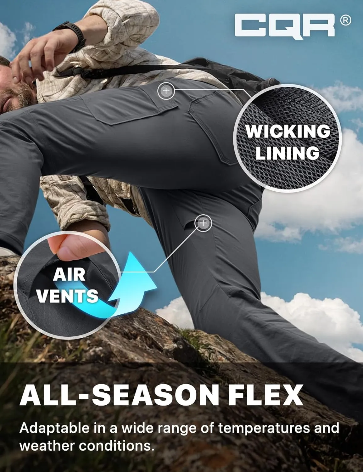 CQR Men's Cool Flex Tactical Pants, Water Resistant Lightweight Stretch Cargo Work Hiking Pants