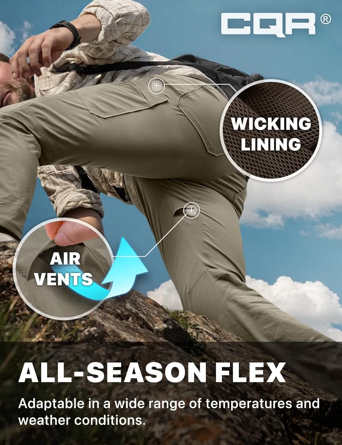 CQR Men's Cool Flex Tactical Pants, Water Resistant Lightweight Stretch Cargo Work Hiking Pants