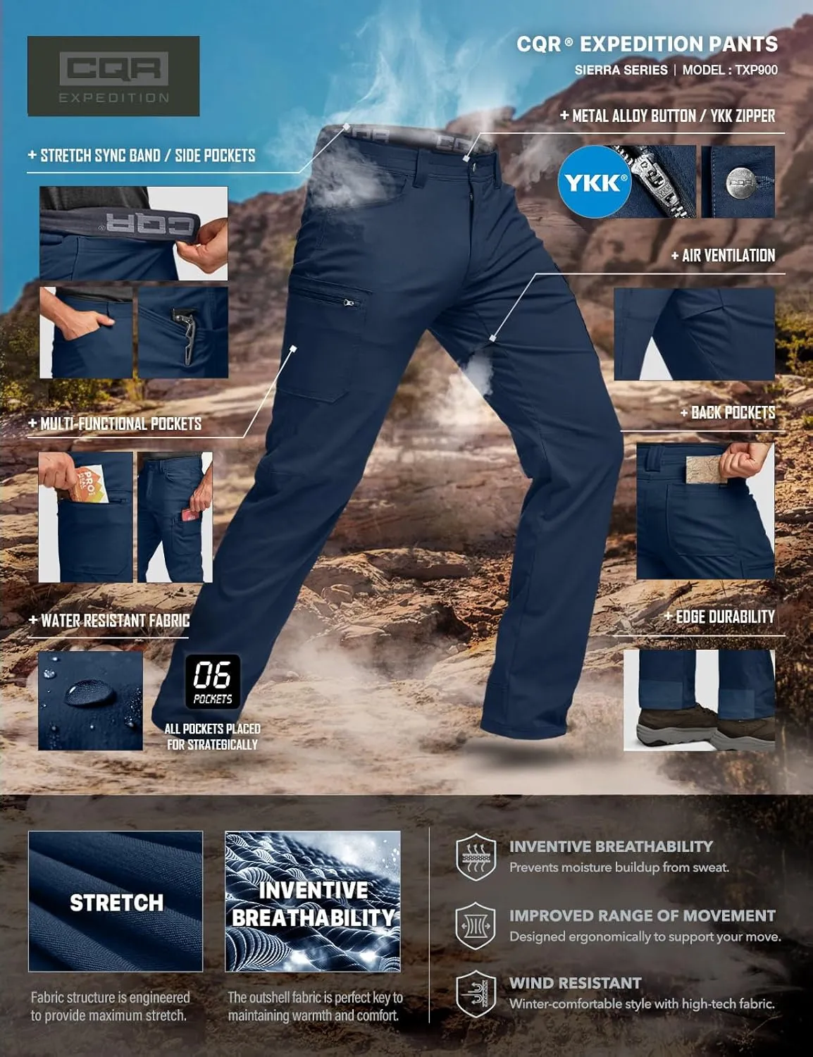 CQR Men's Cool Flex Tactical Pants, Water Resistant Lightweight Stretch Cargo Work Hiking Pants