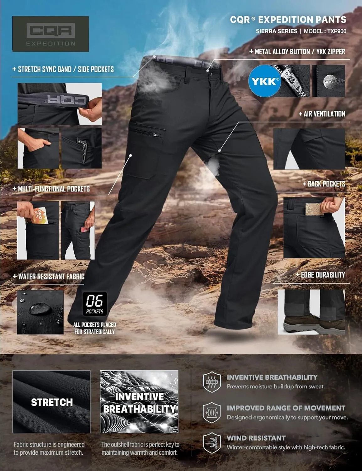 CQR Men's Cool Flex Tactical Pants, Water Resistant Lightweight Stretch Cargo Work Hiking Pants