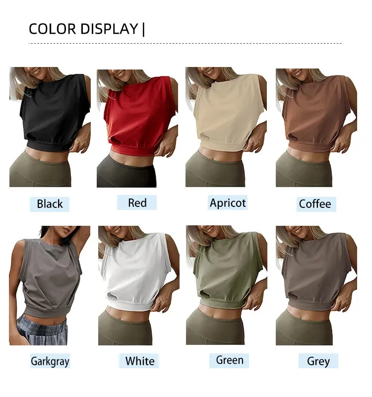 Crop Top Cotton Shirts for Women Cute Sleeveless Yoga Tops Running Gym Workout Shirts Casual Fitness Loose Female T-Shirt