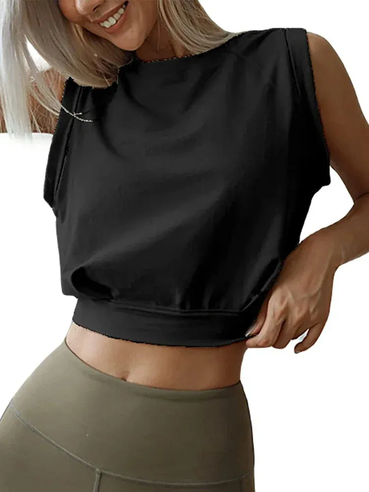 Crop Top Cotton Shirts for Women Cute Sleeveless Yoga Tops Running Gym Workout Shirts Casual Fitness Loose Female T-Shirt