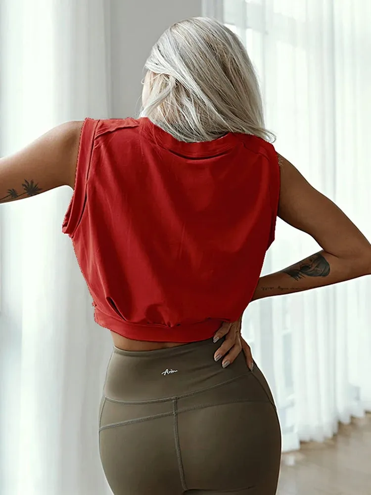 Crop Top Cotton Shirts for Women Cute Sleeveless Yoga Tops Running Gym Workout Shirts Casual Fitness Loose Female T-Shirt