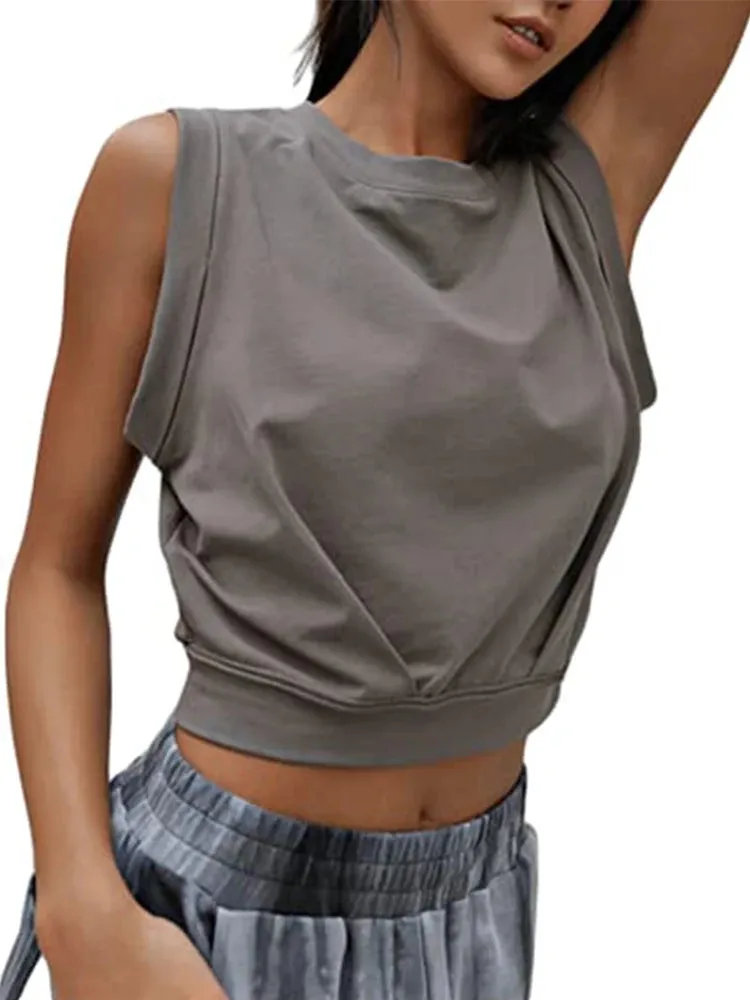 Crop Top Cotton Shirts for Women Cute Sleeveless Yoga Tops Running Gym Workout Shirts Casual Fitness Loose Female T-Shirt