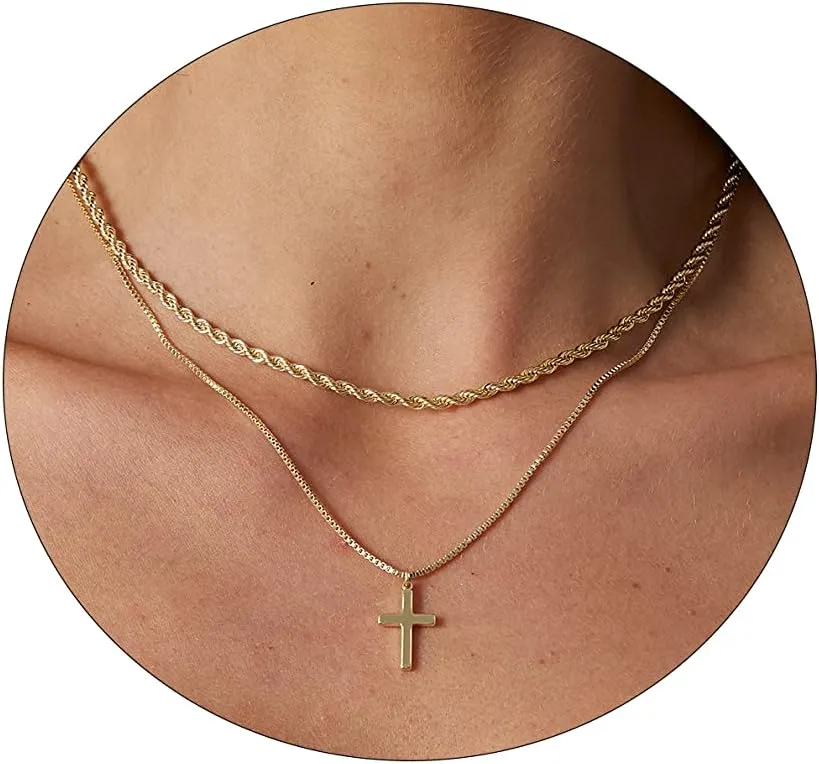 Cross Necklace for Women 14K Gold Plated Dainty Cubic Zirconia Sideways Cross Necklace Simple Cute Layered Gold Cross Pendant Satellite Chain Necklace Trendy Fashion Jewelry Gifts