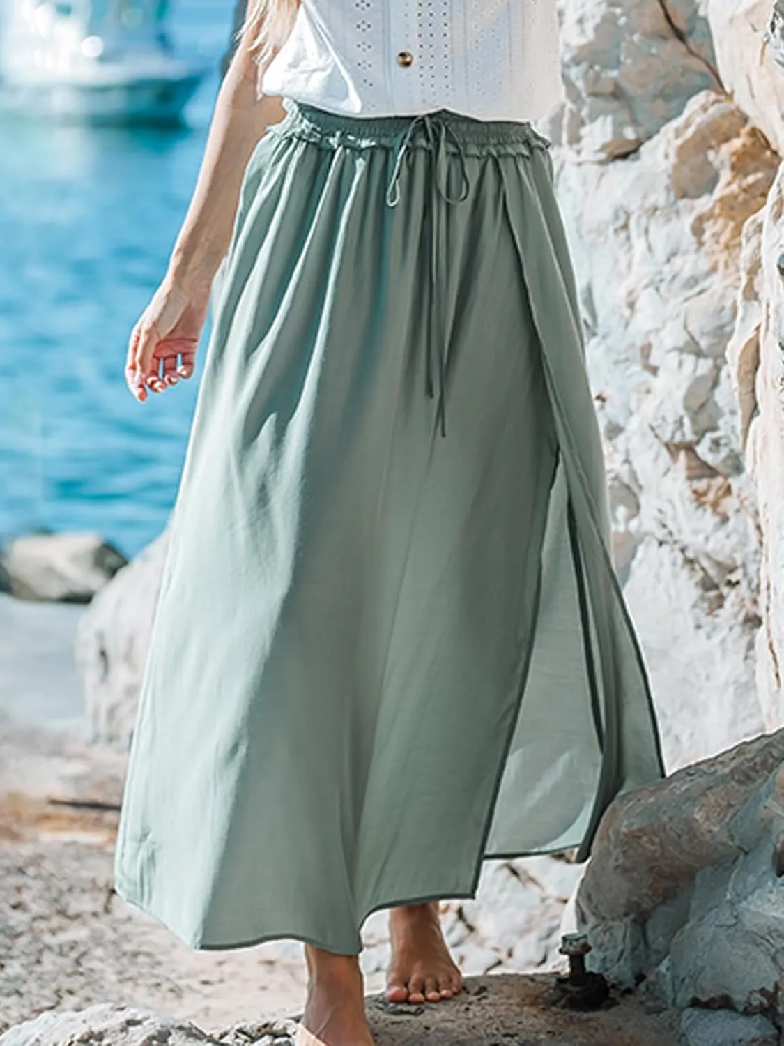 CUPSHE Women Skirts Smocked Drawstring Waist Maxi Skirt High Waist Casual Summer Holiday Beach
