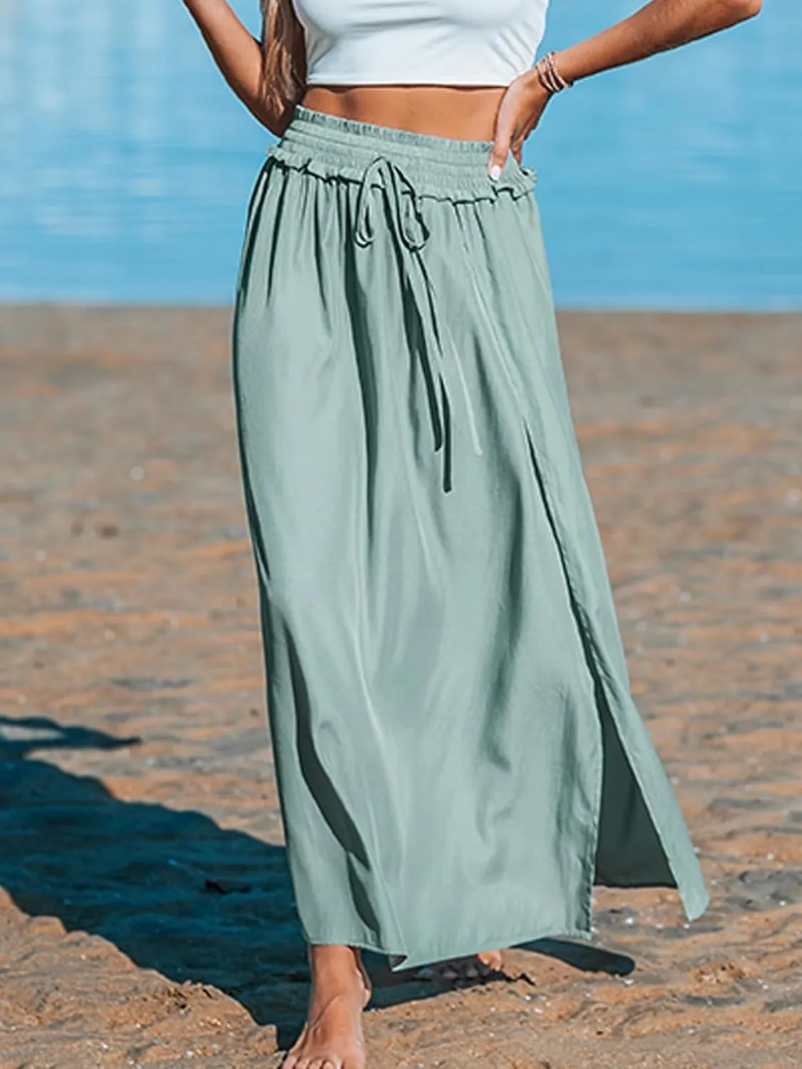 CUPSHE Women Skirts Smocked Drawstring Waist Maxi Skirt High Waist Casual Summer Holiday Beach