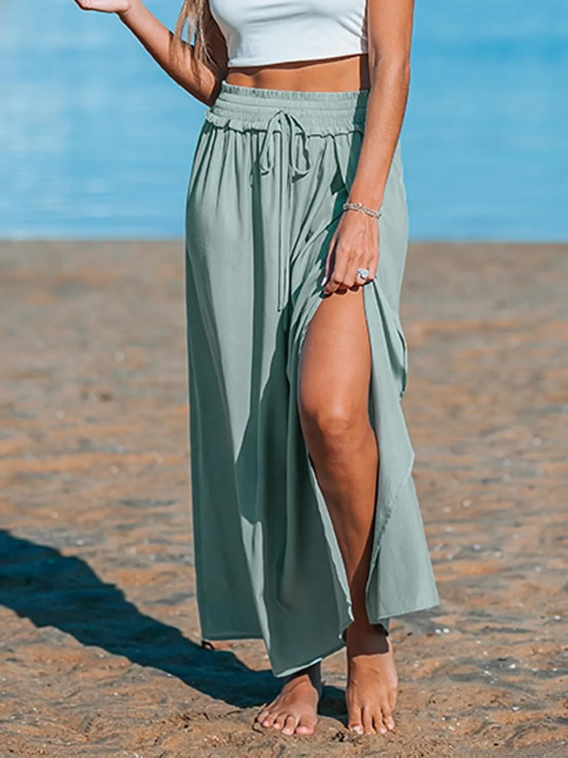 CUPSHE Women Skirts Smocked Drawstring Waist Maxi Skirt High Waist Casual Summer Holiday Beach