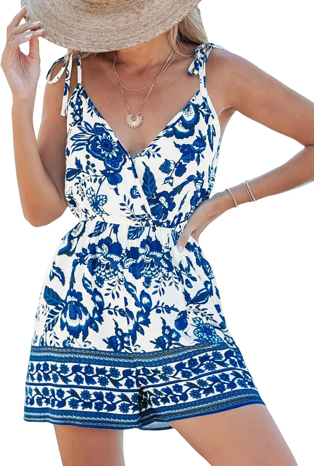 CUPSHE Women's Floral Sleeveless Spaghetti Strap Wrap Romper Casual Loose Jumpsuit