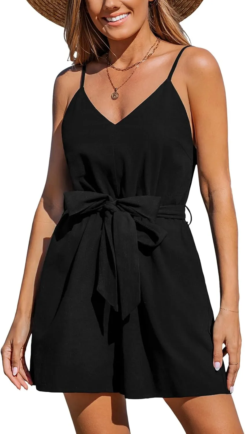 CUPSHE Women's Sleeveless Spaghetti Strap Summer Romper Tie Front Cute Wide Leg Beach Vacation Loose Jumpsuit