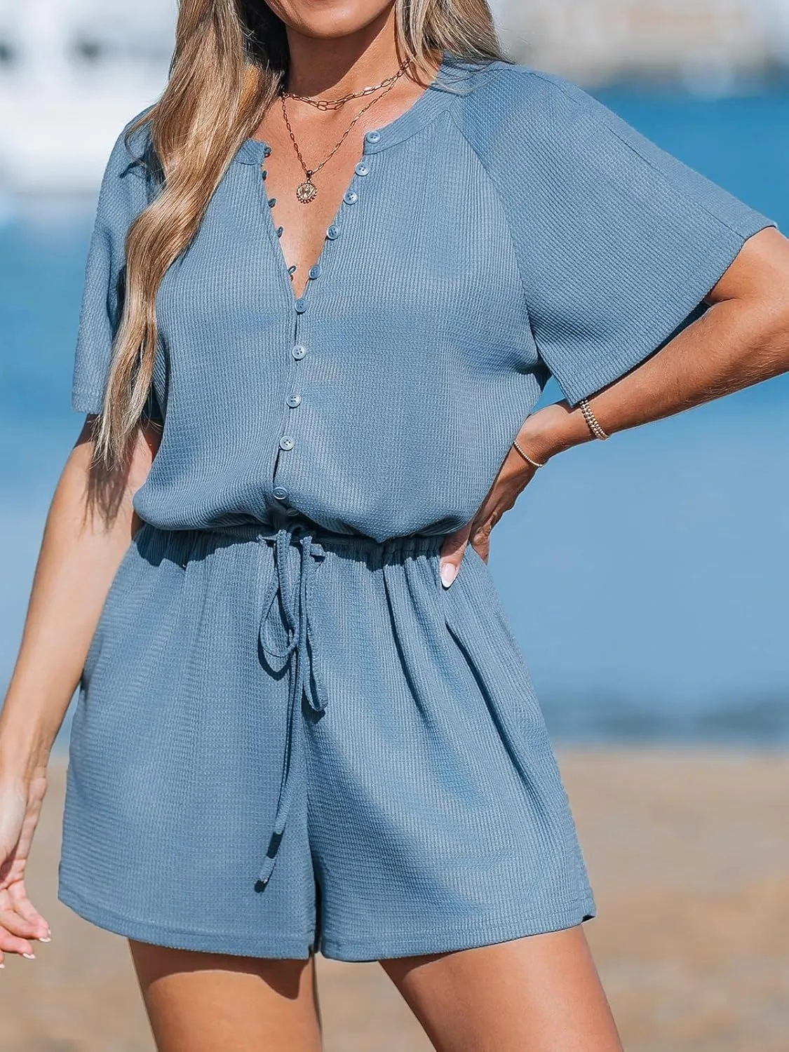 CUPSHE Women's Summer Romper Short Sleeve Button Front Wide Leg Beach Vacation Loose Jumpsuit