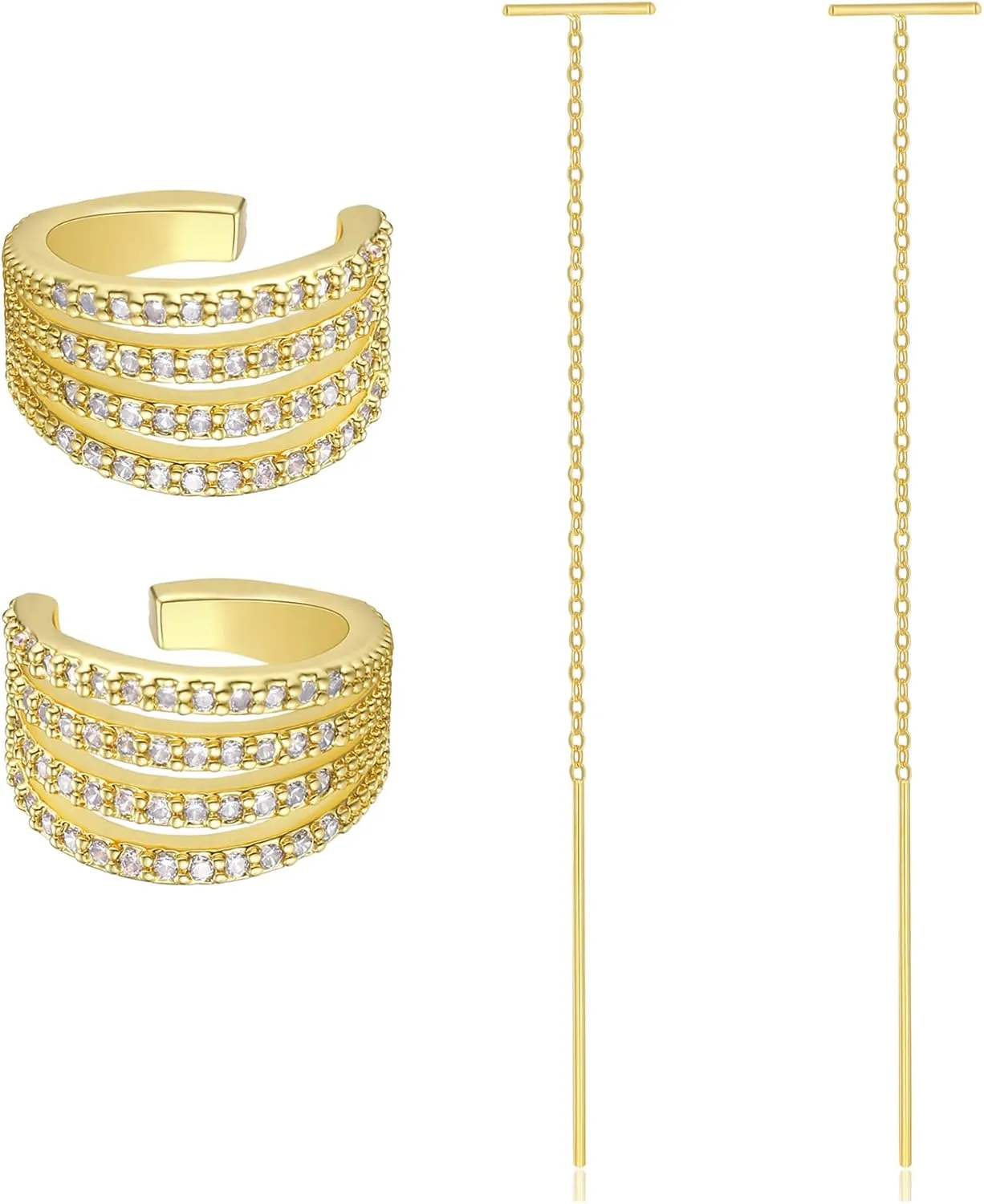 Cz Multiple Line Ear Cuffs Earrings - Bar Chain Dangle Chain Threader Pull Through Earrings - Gold Plated