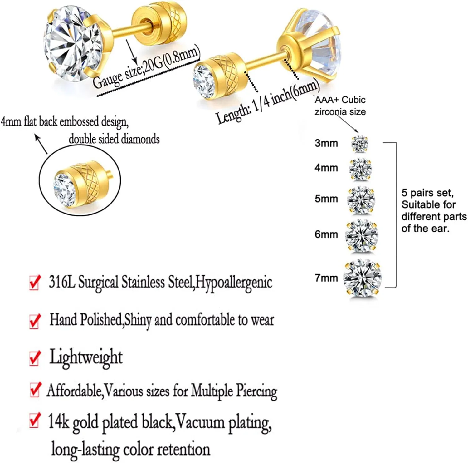 Dainty 8 Pairs Surgical Stainless Steel Earrings 14K Gold Plated Hoop Earrings CZ Stud Earrings for Women Men Lightweight Hypoallergenic Earrings Sets for Multiple Piercing,Suitable for Cartilage,Helix,Lobe,First Hole,Second Hole,Third Hole