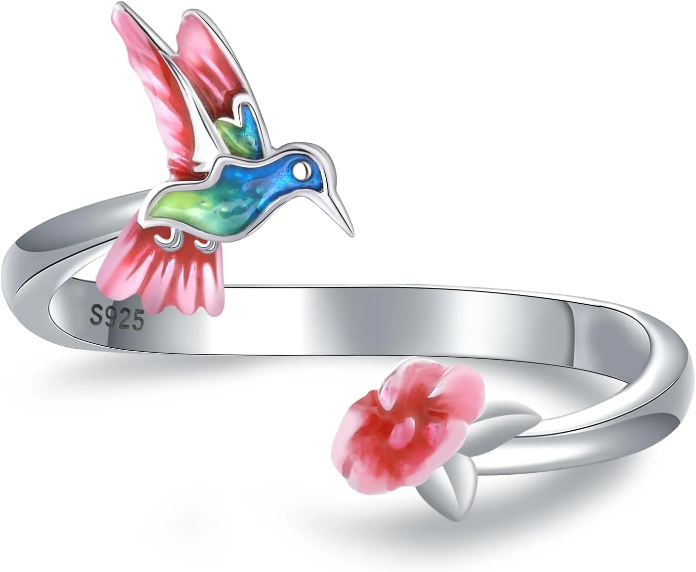 Dainty Hummingbird Rings for Women - 925 Sterling Silver Hummingbird Rings Jewelry Cute Bird Ring Blue Green Pink Gradient Hummingbird Flower Rings Gifts