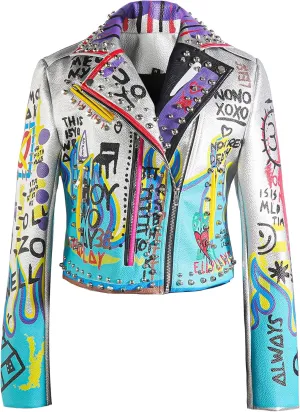 DARKSHE Women's Faux Leather PU Jacket, Graffiti Studded Rivet Punk Biker Moto Fashion Coat with Long Sleeve