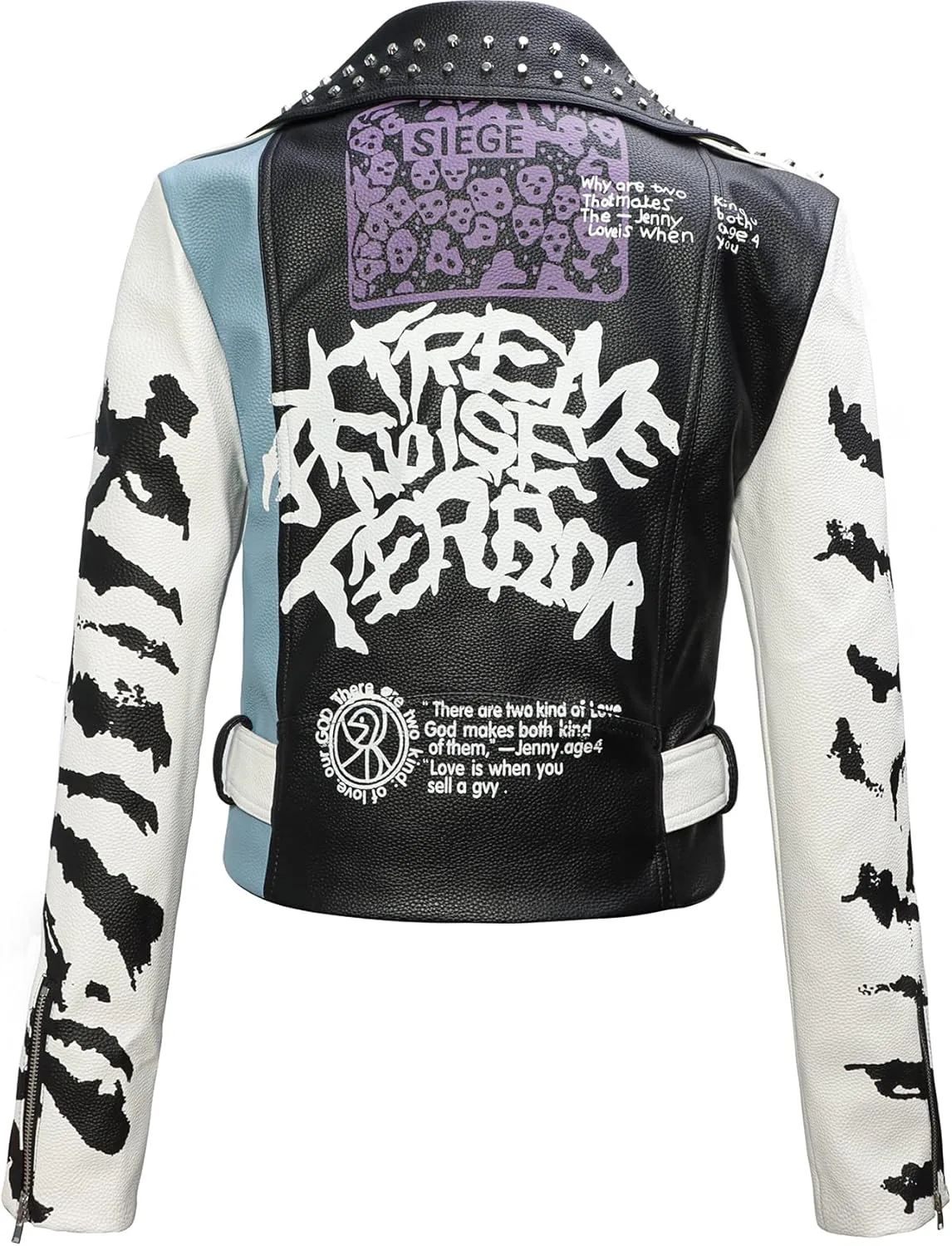 DARKSHE Women's Faux Leather PU Jacket, Graffiti Studded Rivet Punk Biker Moto Fashion Coat with Long Sleeve