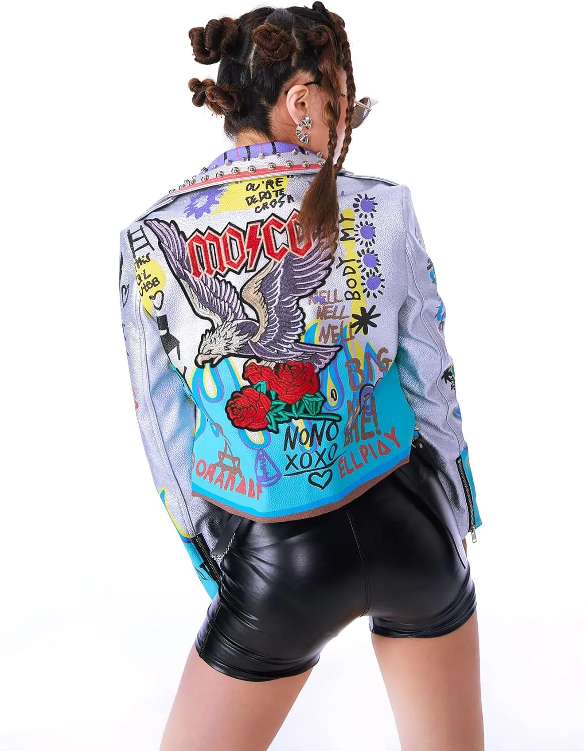 DARKSHE Women's Faux Leather PU Jacket, Graffiti Studded Rivet Punk Biker Moto Fashion Coat with Long Sleeve