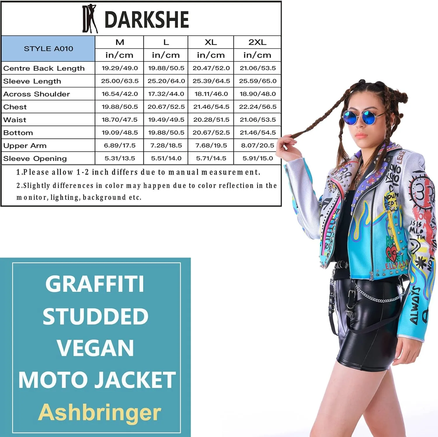 DARKSHE Women's Faux Leather PU Jacket, Graffiti Studded Rivet Punk Biker Moto Fashion Coat with Long Sleeve