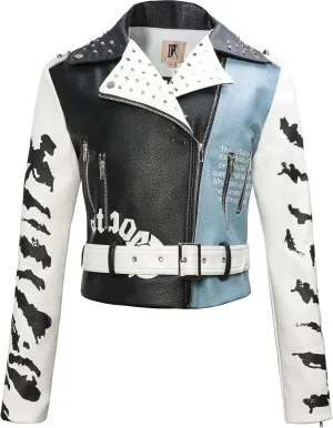DARKSHE Women's Faux Leather PU Jacket, Graffiti Studded Rivet Punk Biker Moto Fashion Coat with Long Sleeve