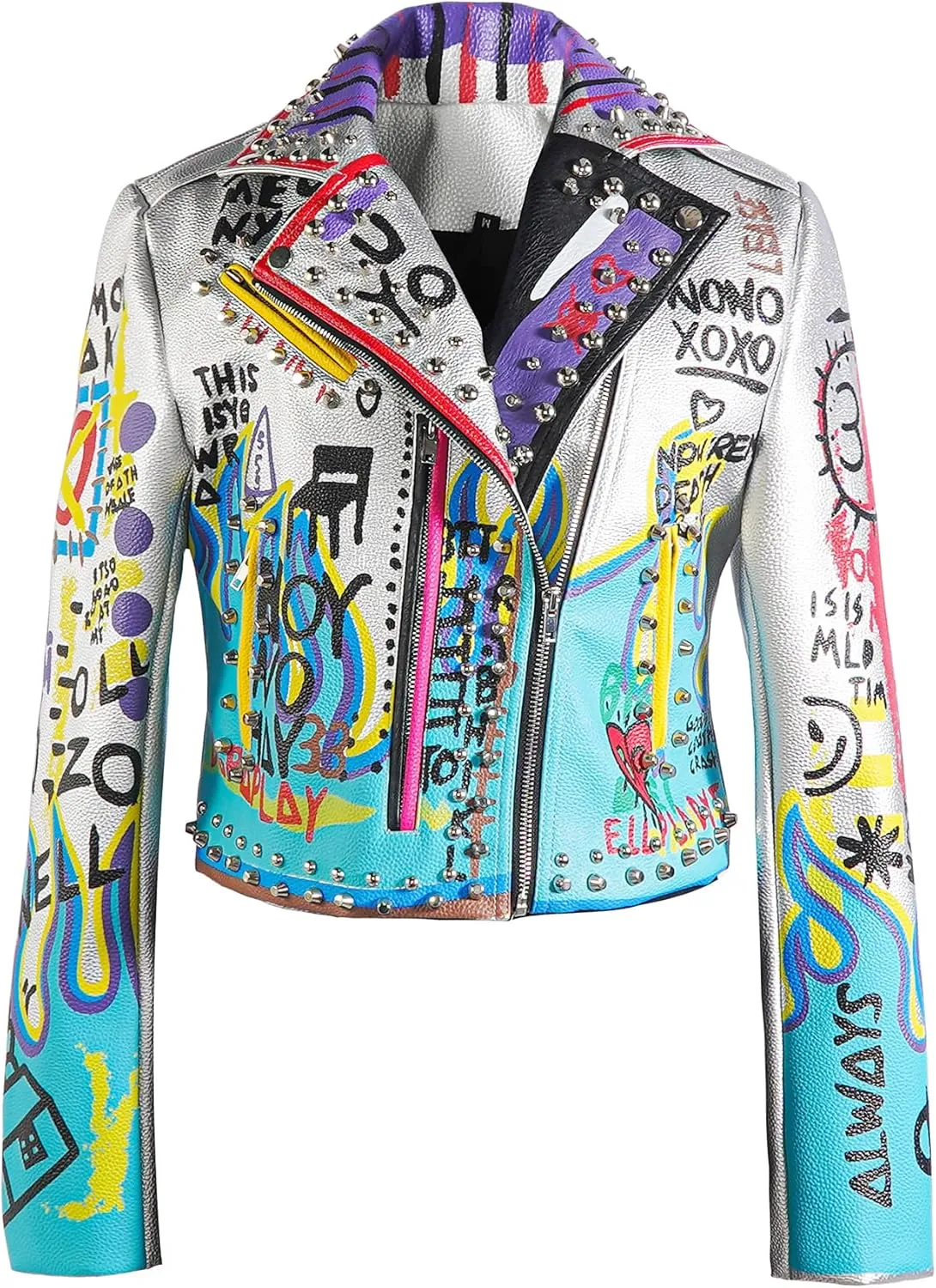 DARKSHE Women's Faux Leather PU Jacket, Graffiti Studded Rivet Punk Biker Moto Fashion Coat with Long Sleeve