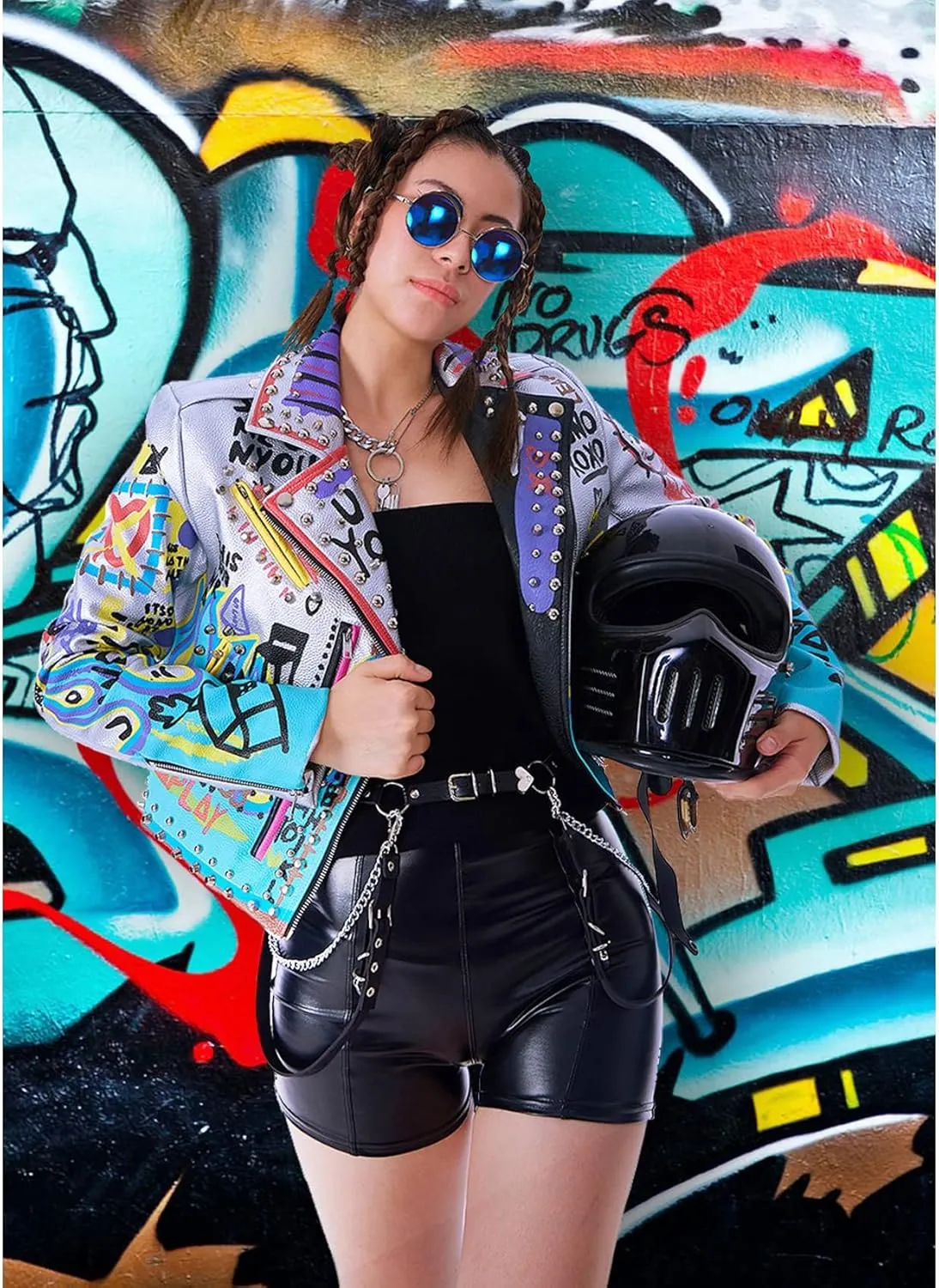 DARKSHE Women's Faux Leather PU Jacket, Graffiti Studded Rivet Punk Biker Moto Fashion Coat with Long Sleeve