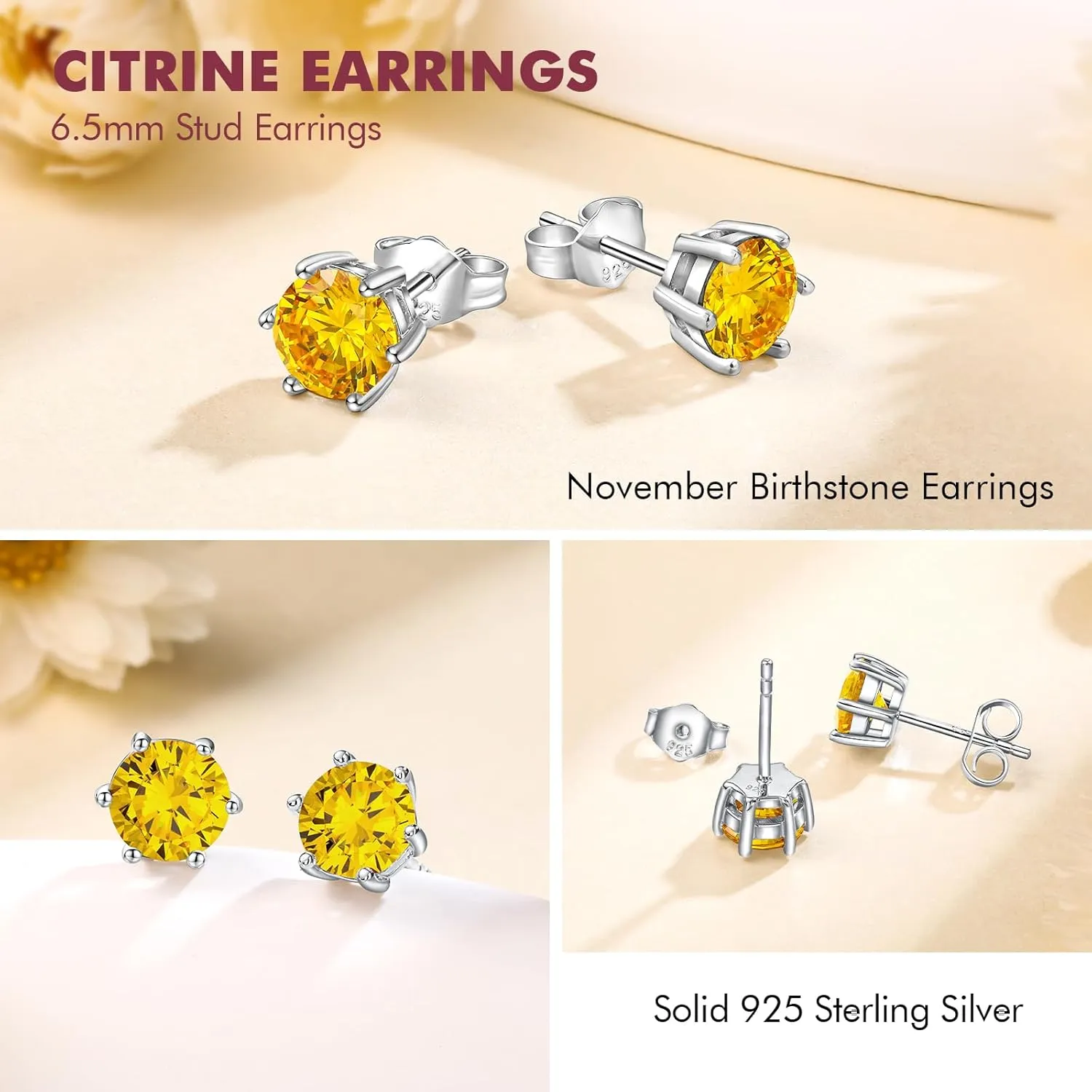 DAYBYDAY 925 Sterling Silver Birthstone Earrings for Women, Crystal Stud Earrings, 6.5mm Round Cut Solitaire Gemstone Earrings Birthday Jewelry
