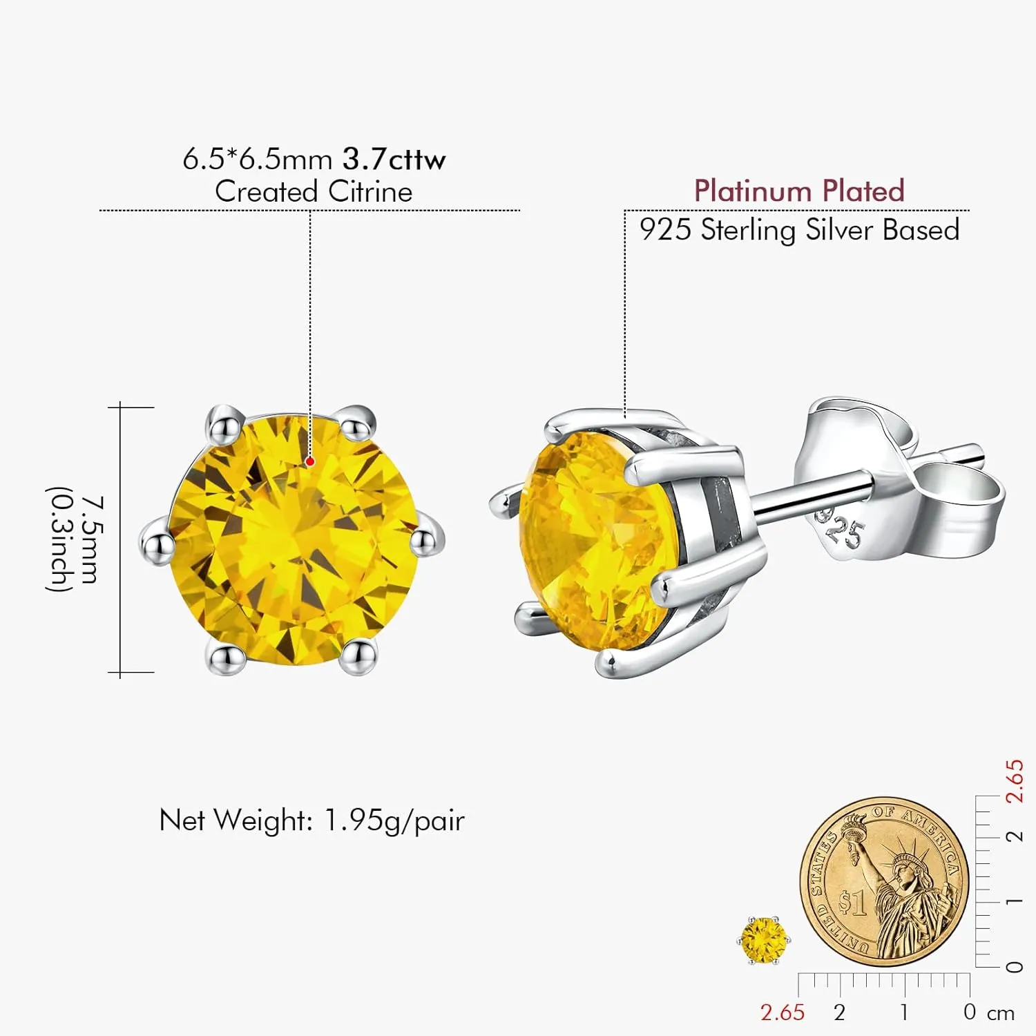 DAYBYDAY 925 Sterling Silver Birthstone Earrings for Women, Crystal Stud Earrings, 6.5mm Round Cut Solitaire Gemstone Earrings Birthday Jewelry