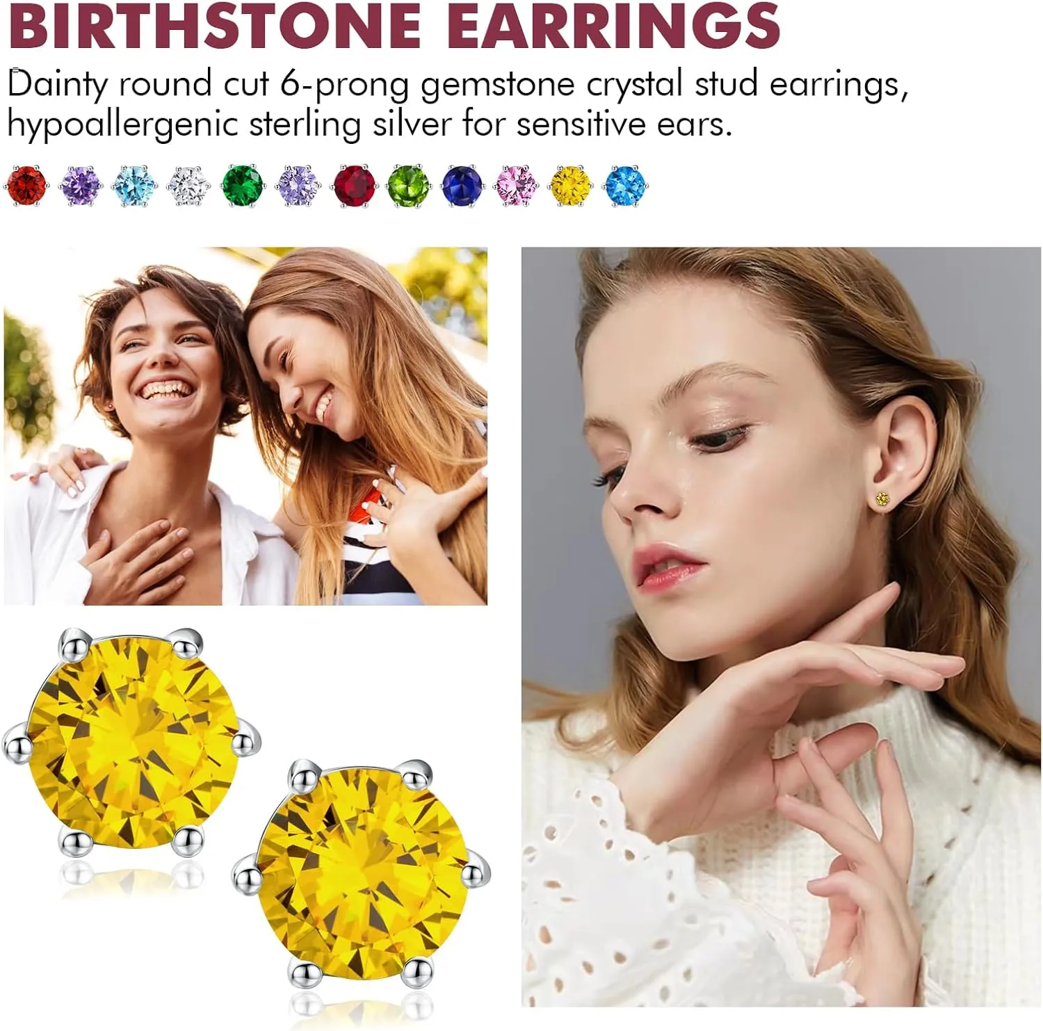 DAYBYDAY 925 Sterling Silver Birthstone Earrings for Women, Crystal Stud Earrings, 6.5mm Round Cut Solitaire Gemstone Earrings Birthday Jewelry