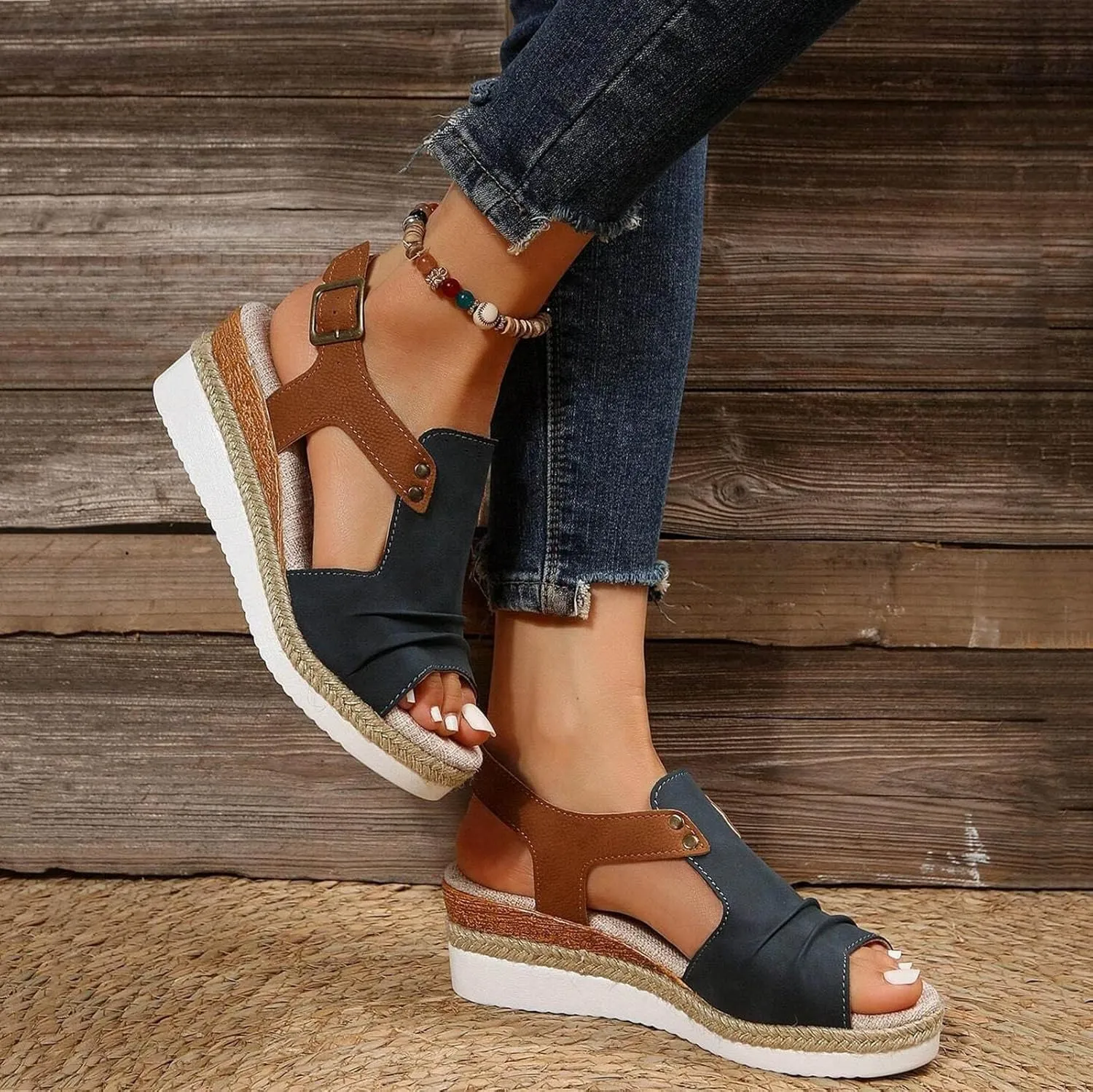Dheva-C Orthopedic Platform Wedge Sandals for Women Summer Dressy 2023 Flat Open Toe Ankle Strap Espadrilles Sandals Casual Strappy Slip on Sandals Beach Boho Sandals Comfortable Outdoor Shoes
