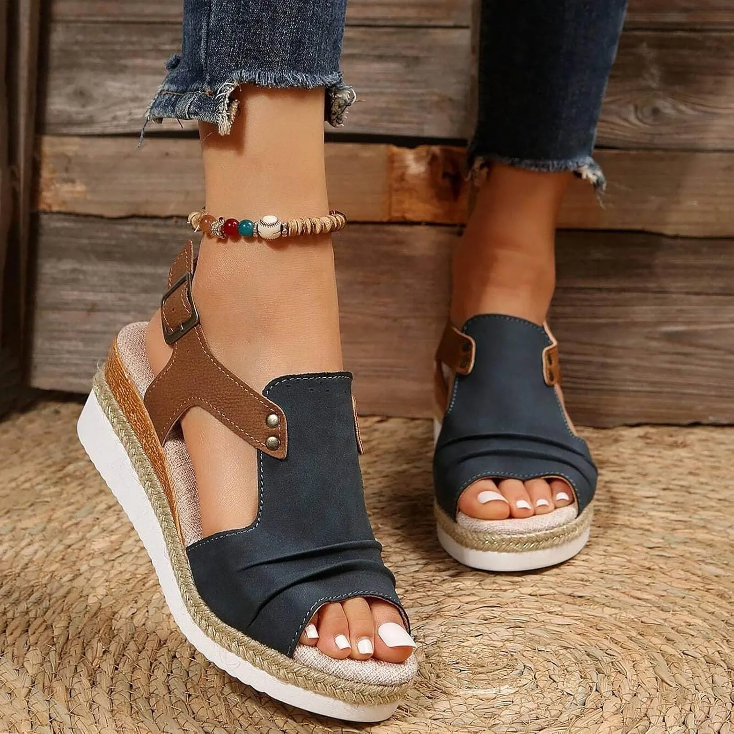 Dheva-C Orthopedic Platform Wedge Sandals for Women Summer Dressy 2023 Flat Open Toe Ankle Strap Espadrilles Sandals Casual Strappy Slip on Sandals Beach Boho Sandals Comfortable Outdoor Shoes