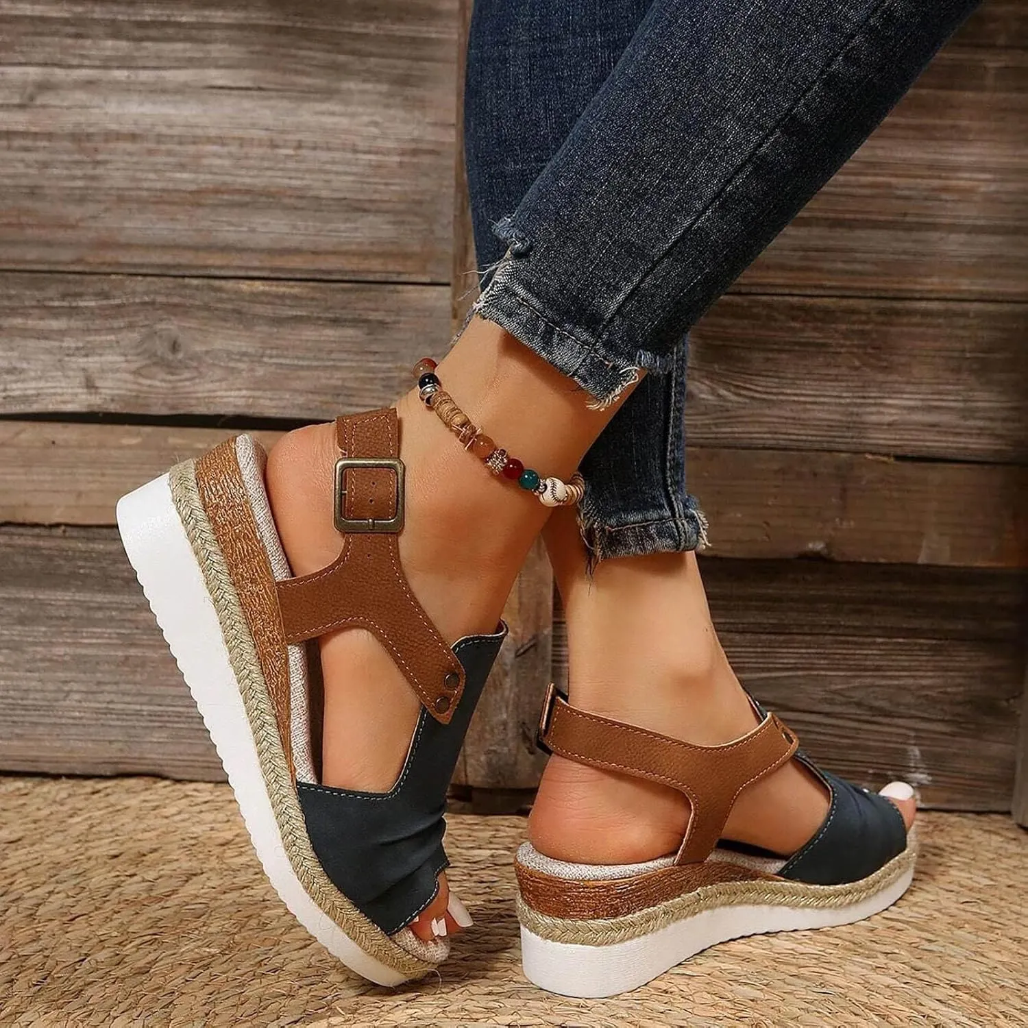 Dheva-C Orthopedic Platform Wedge Sandals for Women Summer Dressy 2023 Flat Open Toe Ankle Strap Espadrilles Sandals Casual Strappy Slip on Sandals Beach Boho Sandals Comfortable Outdoor Shoes