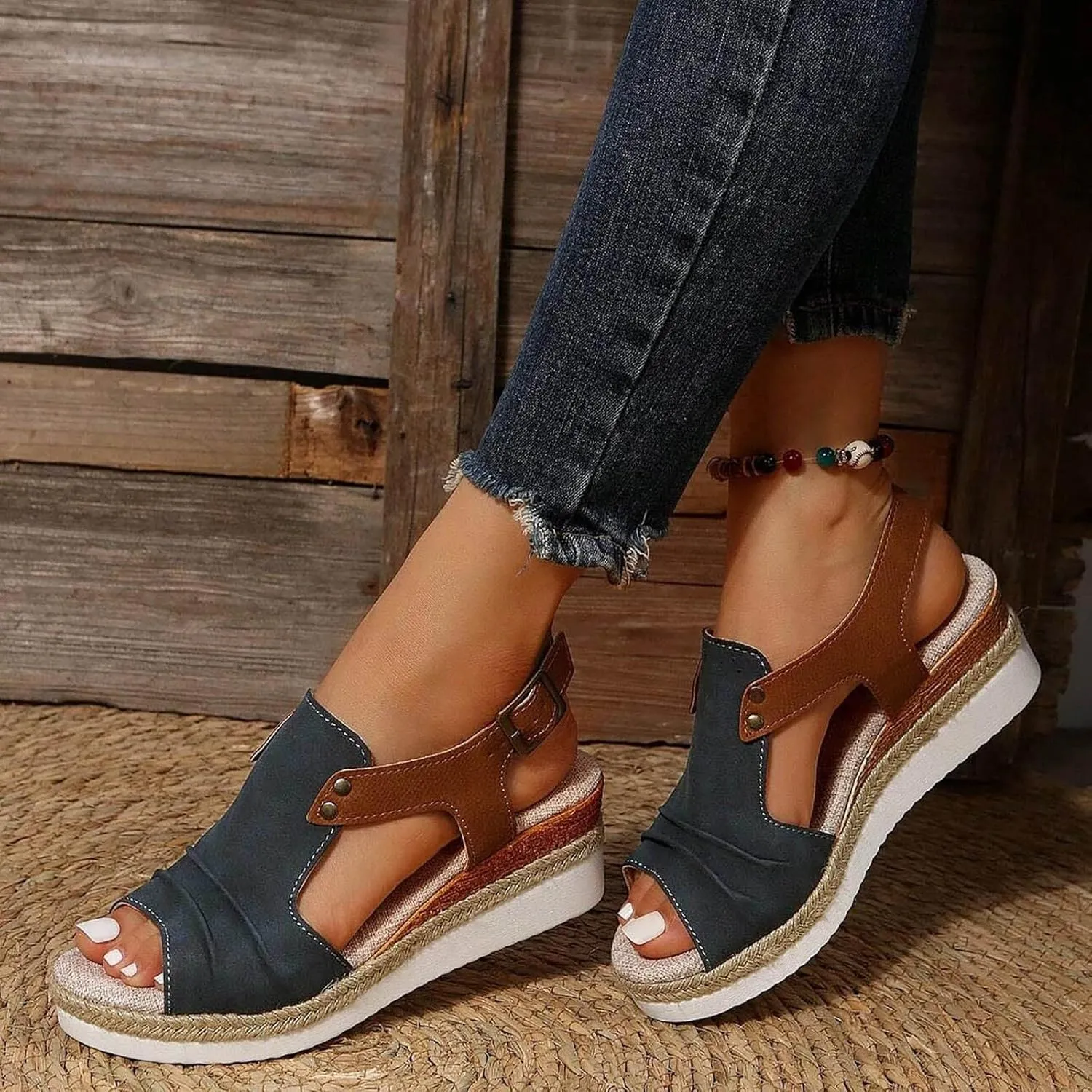 Dheva-C Orthopedic Platform Wedge Sandals for Women Summer Dressy 2023 Flat Open Toe Ankle Strap Espadrilles Sandals Casual Strappy Slip on Sandals Beach Boho Sandals Comfortable Outdoor Shoes